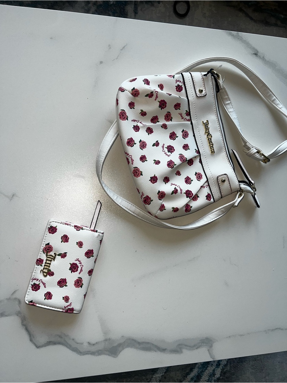 Juicy Couture White/Pink Rose Print Crossbody Purse and Wallet Set